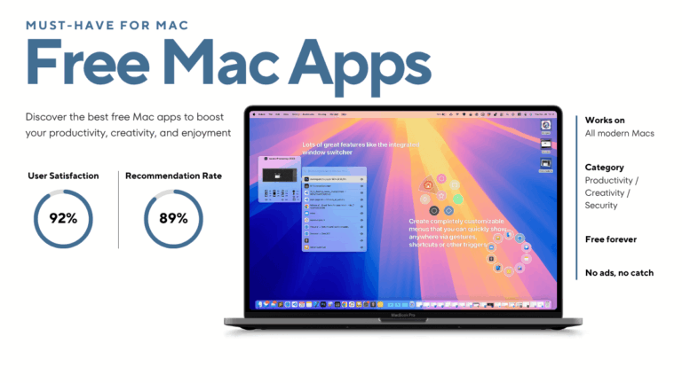 Free Mac apps banner with user satisfaction stats and customizable MacBook interface