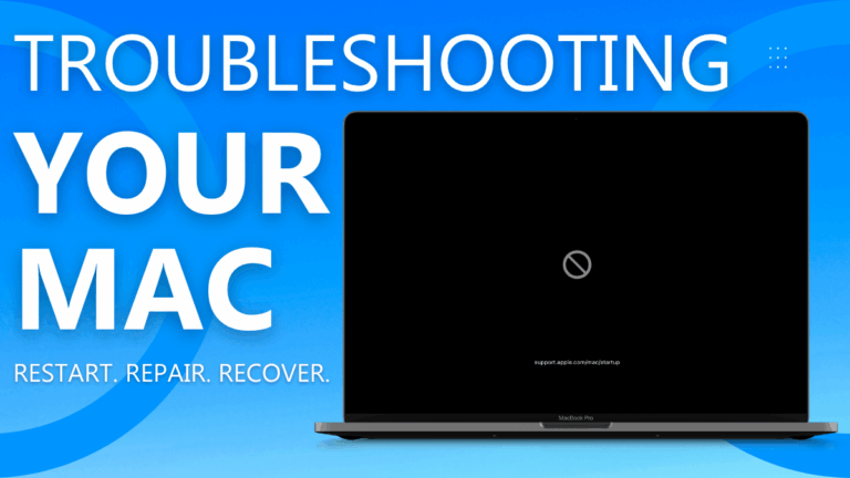 Mac troubleshooting banner — MacBook Pro with startup error