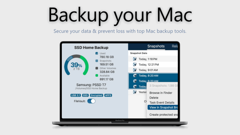 Backup your Mac – Interface of Mac backup software with storage statistics and snapshots on a MacBook Pro