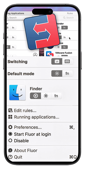 Screenshot of Fluor app menu showing function key switching on macOS. Mac utilities that matters.