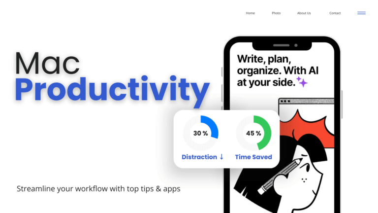 Mac productivity dashboard showing 30% reduction in distractions and 45% time saved